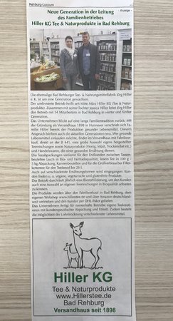 Artikel "Neue Generation in der Leitung des Familienbetriebes Hiller KG Tee & Naturprodukte in Bad Rehburg" vom Stadtblatt Ausgabe 04/2018\\n\\n25.05.2018 12:48
